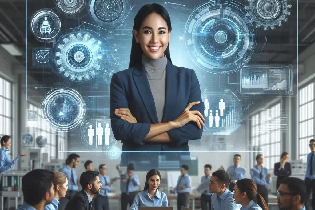 Eine selbstbewusste Frau steht im Fokus, umgeben von Technik und Menschen in einem Schulungsraum.