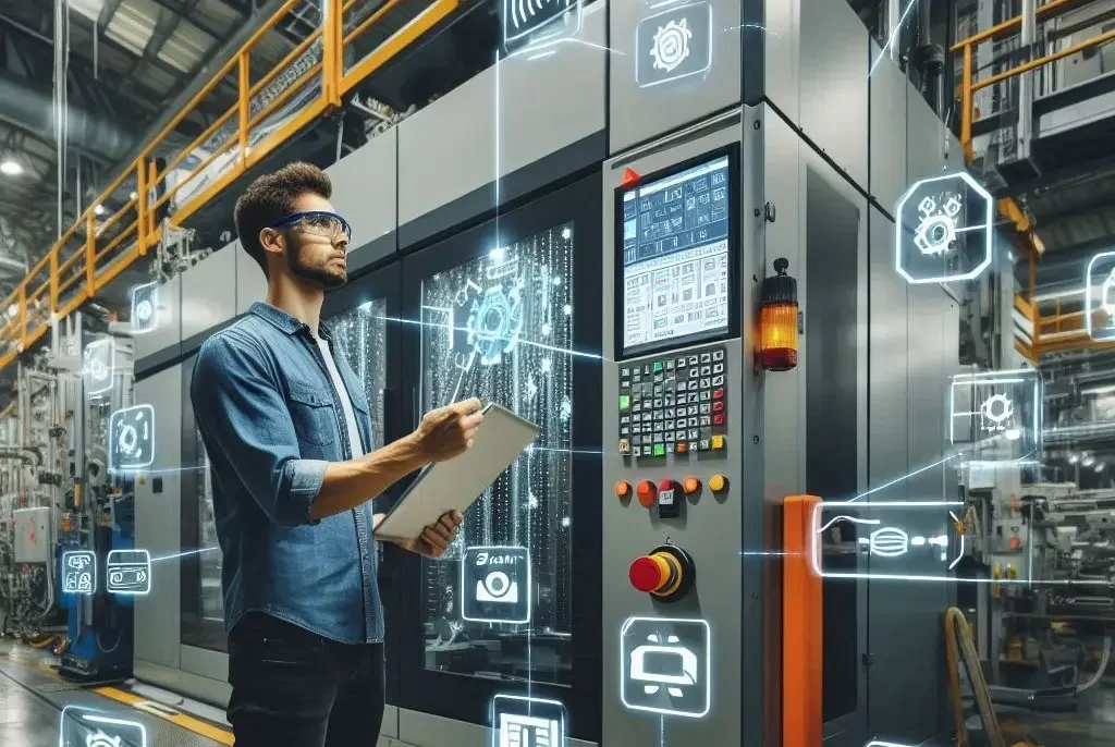 Fachkraft mit Tablet vor einer modernen Maschine in einer Industrieumgebung.