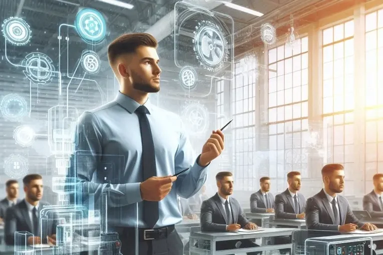 Individual-Schulung - Prüfung von Schutzeinrichtungen Maschinen Eine Fachkraft in Hemd hält einen Schulung, umgeben von digitalen Grafiken.
