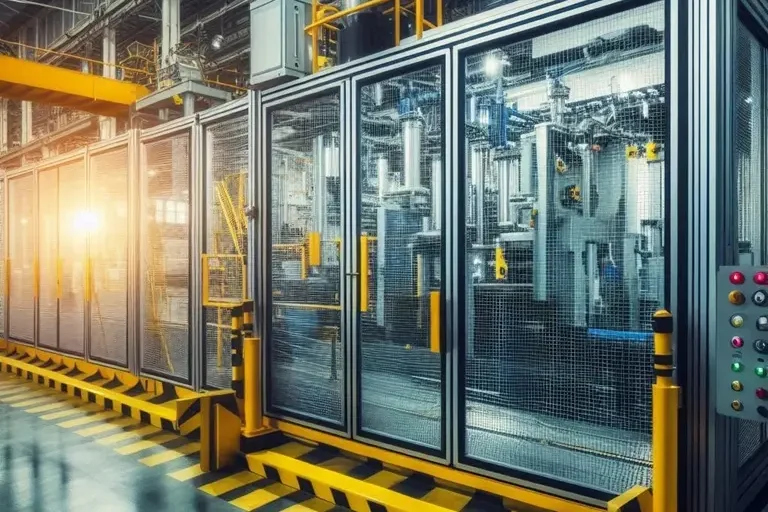 Prüfung von trennenden Schutzeinrichtungen Industrielle Anlage mit trennenden Schutzeinrichtungen aus großen Plexiglasfenstern abgesichert ist.