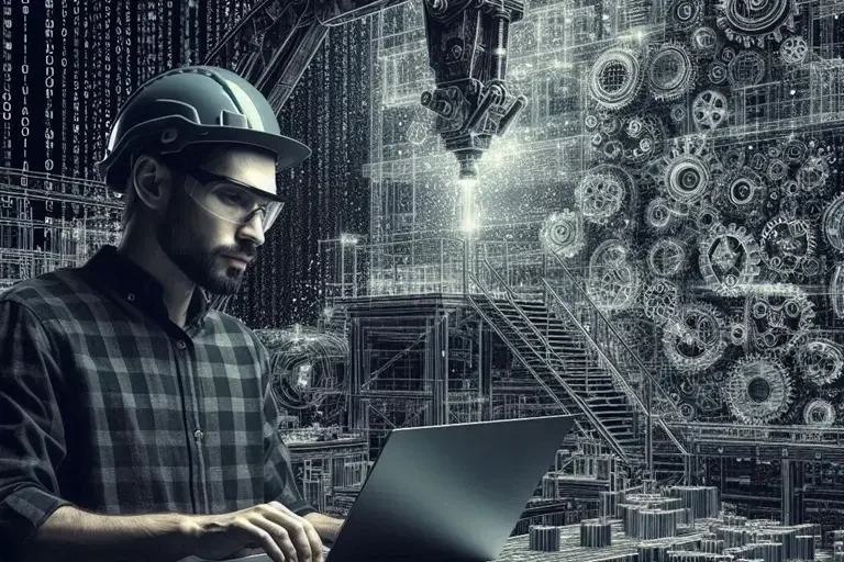 Inbetriebnahme Konfiguration Fachkraft arbeitet an Laptop in einer technologischen Umgebung mit Zahnrädern.