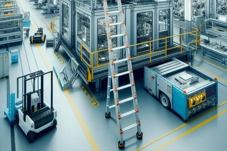 Prüfung von Leitern und Tritten Industrieanlage mit Förderfahrzeugen, Treppe und Maschinen in einem modernen Werk.