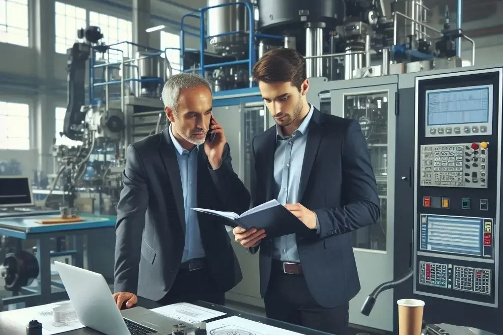 Zwei Männer in Anzügen besprechen Unterlagen in einer modernen Fabrikhalle.