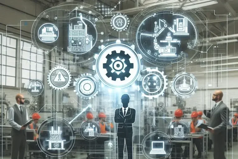 Schulung - Lockout-Tagout Ein Experte steht in einer Fabrik, umgeben von technischen Grafiken und Zahnrädern.