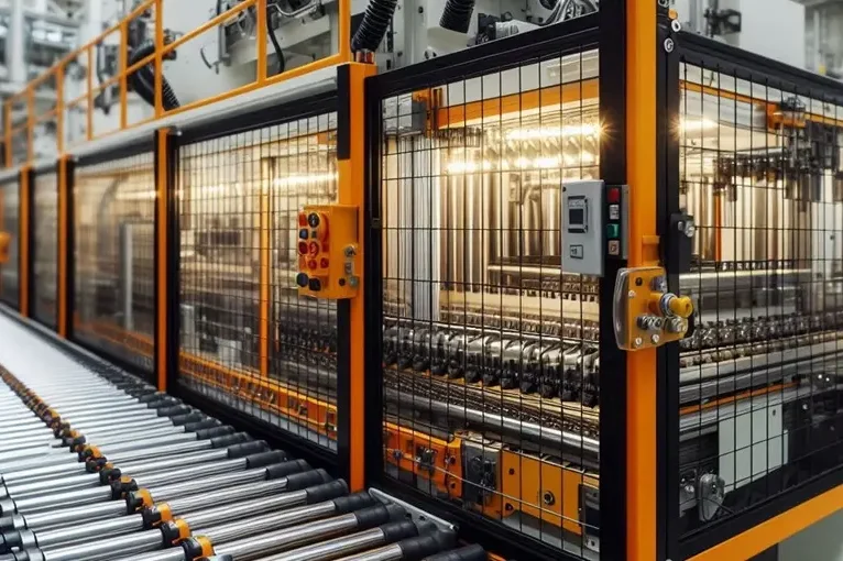 Prüfung von beweglich trennenden Schutzeinrichtungen (BT) Industrielle Anlage die mit trennenden Schutzeinrichtungen aus Zaunelementen abgesichert ist.