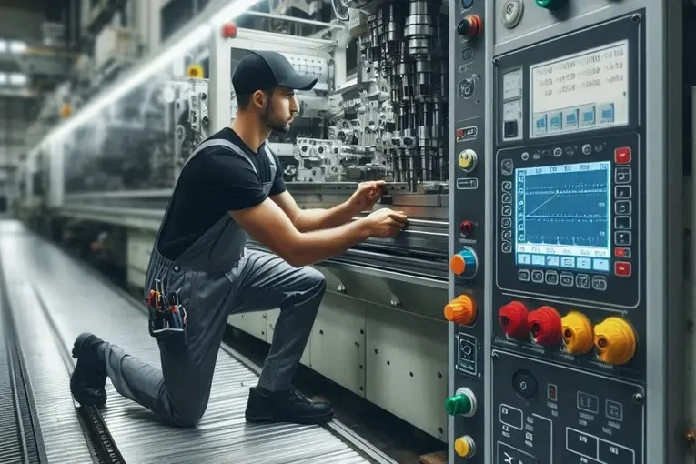 Messungen - NLM Ein Techniker führt eine Nachlaufmessung an einer Maschine in einer modernen Fertigungsanlage durch.