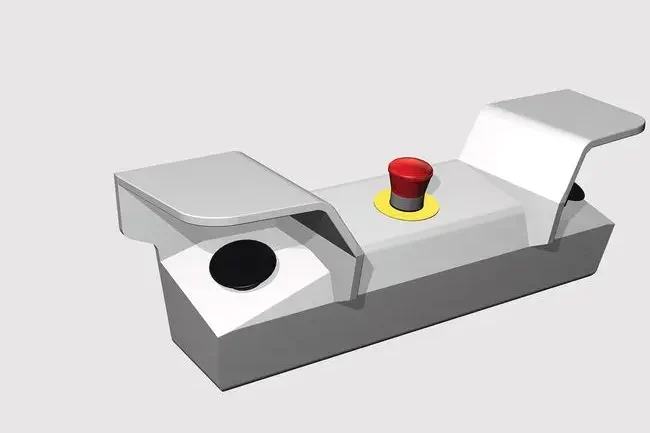 Prüfung von Zweihand-Einrichtungen (ZH) Zweihandeinrichtung mit Abdeckungen mit Not-Halt in der Mitte als 3D Zeichnung.