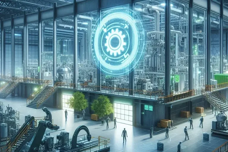 Prüfung der Energieeffizienz von Maschinen Moderne Fabrik mit Maschinen, digitalen Displays und Mitarbeitern in einer futuristischen Umgebung.