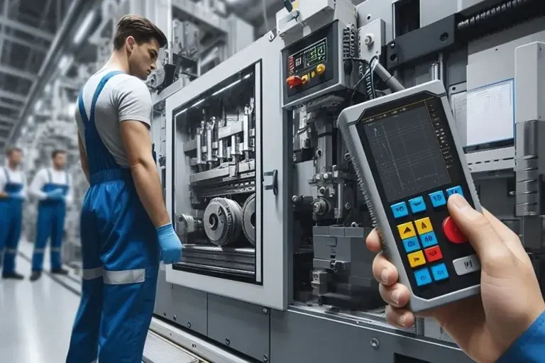 Messungen - Kraftmessung (KM) Ein Arbeiter steuert eine Maschine und eine Fachkraft führt eine Kraftmessung durch,in einer industriellen Umgebung.