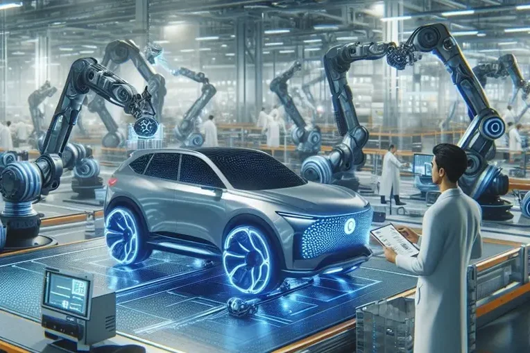 Messungen - Geschwindigkeitsreduzierung (GSR) Futuristische Fabrik mit einem Elektro-SUV und Robotern, die an der Montage arbeiten.