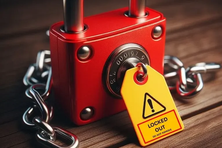 Beratung zu Lockout-Tagout (LoTo) Roter Schloss mit Warnetikett und Kette, sicher verschlossen.