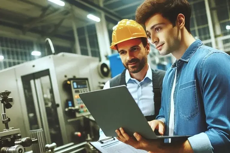 Beratung zur Gefährdungsbeurteilung (GBU) Zwei Fachkräfte mit einem Laptop bei der Beratung zur Gefährdungsbeurteilung in Industrieller Umgebung.
