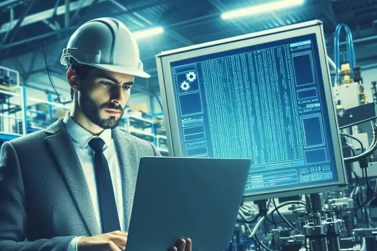 Optimierung von Kofigurationen Mann in Anzug und Helm arbeitet am Laptop vor einer großen Maschinenanlage.
