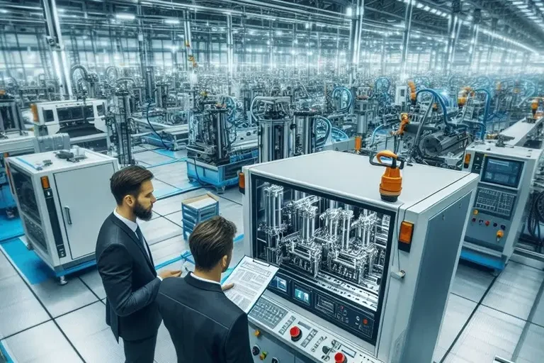 Vorabprüfung des Maschinenparks Zwei Prüfer betrachten ein Maschine in einer modernen Fabrikhalle mit vielen Maschinen.