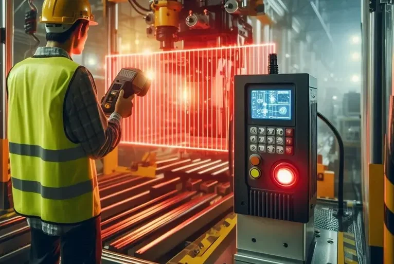 Prüfung von berührungslos wirkenden Schutzeinrichtungen (BWS) Ein Arbeiter in Schutzkleidung steuert Maschinen, die mit einer Lichtschranke abgesichert ist, mit einem Handgerät in einer Fabrikhalle.