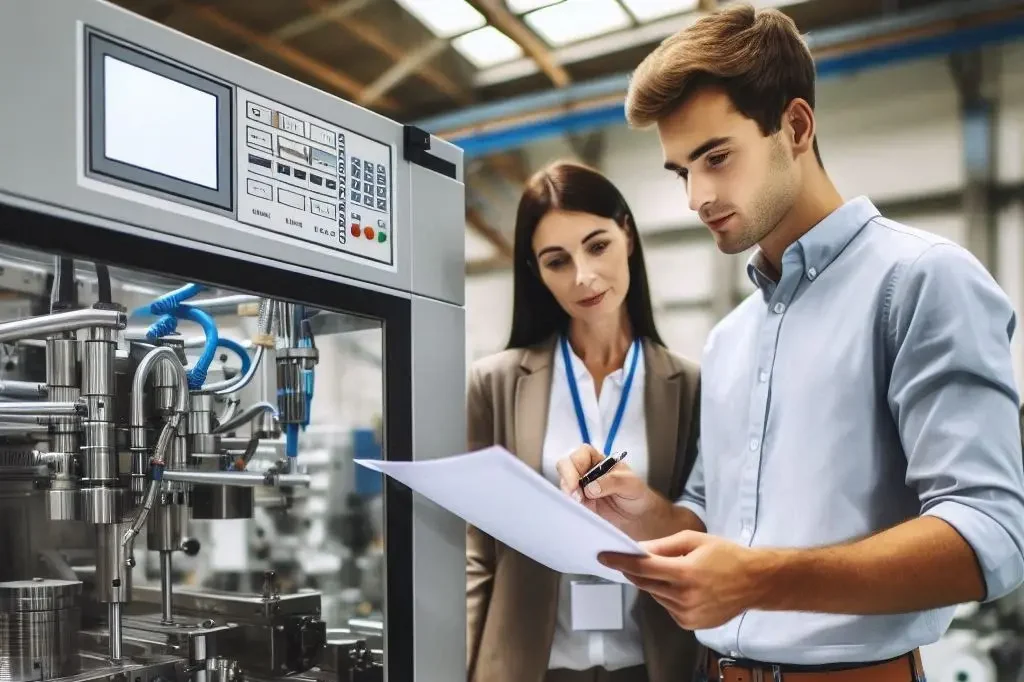 Zwei Fachleute überprüfen ein Dokument an einer Maschine in einer Industrieumgebung.