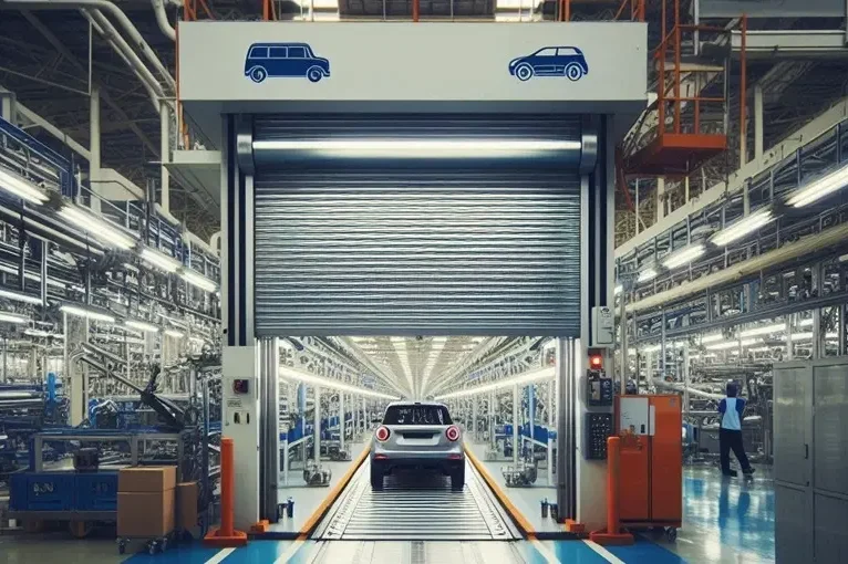 Prüfung von Türen und Toren Fertigungshalle mit einem Rolltor und einem Fahrzeug auf der Produktionslinie.